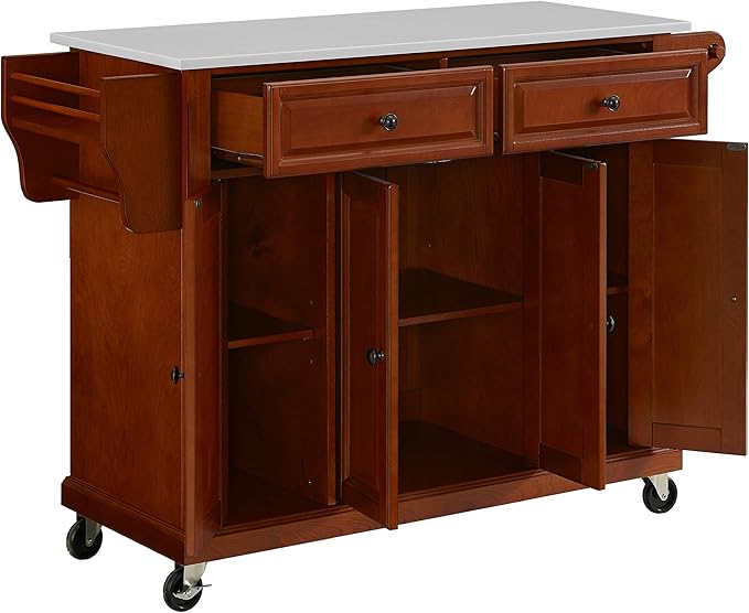 Crosley Furniture Full Size Stone Top Rolling Kitchen Island Storage Cart, Microwave Stand, Spice Rack, Cherry