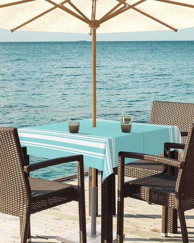 QueenKer Outdoor Tablecloth with Umbrella Hole, Farmhouse Teal White Stripe Square Tables Waterproof Tabletop Collection for Patio, Garden, Picnic, Camping, Dining 54 x 54 inch