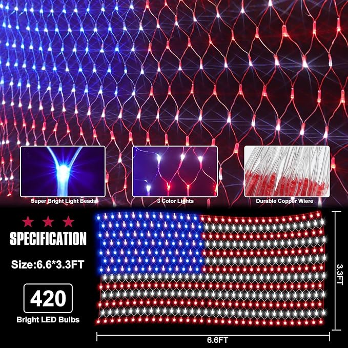 DDMY American Flag Lights Waterproof Flag Net Light of The United States with 420 Super Bright LEDs, Flag Light for Memorial Day/4th of July Independence Day Decoration/Labour Day/Yard/Garden/Party