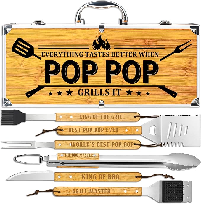Poppop Gifts from Grandkids Fathers Day, Pop Pop Grilling Gift Heavy Duty Wooden BBQ Grilling Accessories Kit, Thick Stainless Steel Grill Utensils with Non-Slip Handle Tools in Portable Bag