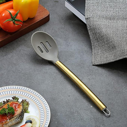 Berglander Non-stick Silicone Slotted Spoon, Titanium Gold Plated Handle, Basting Spoon, Dishwasher Safe, Easy to Clean