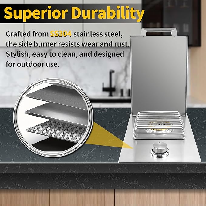 Built-in Single Grilling Side Burner for Outdoor Grill, Heavy-Duty 304 Stainless Steel, Drop in Side Burner With Cover, 15,000BTU Natural Gas & Propane, Single Side Burner for Family Patio Parties