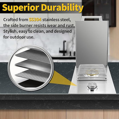 Built-in Single Grilling Side Burner for Outdoor Grill, Heavy-Duty 304 Stainless Steel, Drop in Side Burner With Cover, 15,000BTU Natural Gas & Propane, Single Side Burner for Family Patio Parties