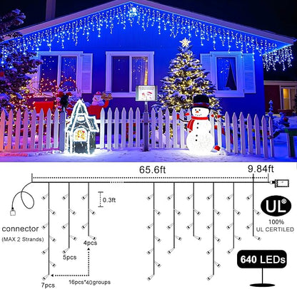 Icicle Lights for Outside 66ft 640 LED Icicle Lights Plug in Fairy Curtain Lights with Timer for Party Holiday Wedding Decorations, Blue