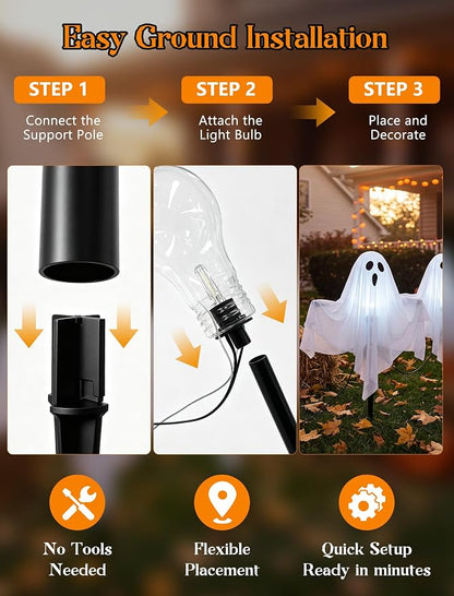 11.5FT Halloween Ghost Pathway Lights Outdoor, 4 Pack LED Lawn Stake Lights | Waterproof, Plug in and Hanging Outdoor Halloween Decorations Ghost String Lights for Garden Walkway Driveways Garden Yard