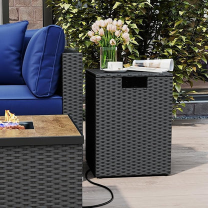 Tangkula Wicker Propane Tank Cover Table, 20 LB Gas Tank Holder Storage Box with Flip Lid & Adjustable Foot Pads, 16" Outdoor Rattan Hideaway Table for Gas Fire Pit, Grill, Griddle & Stove (Black)