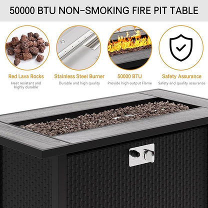 45in Fire Table, Propane Fire Pit with Red Lava Rocks and Rain Cover, Outdoor Firepit Table with Tile Top 50000 BTU 2-in-1 Fire Table for Patio/Yard/Balcony, Gray Tabletop