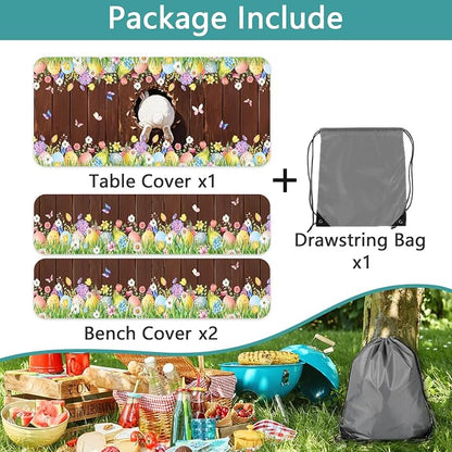 Easter Picnic Table Cover with Bench Covers Elastic Edges, Cute Bunny Flower Brown Wood Fitted Table Cover, Outdoor Patio Camping Essentials, Waterproof Camping Fitted Tablecloth, 3PCS, 30x72 Inch