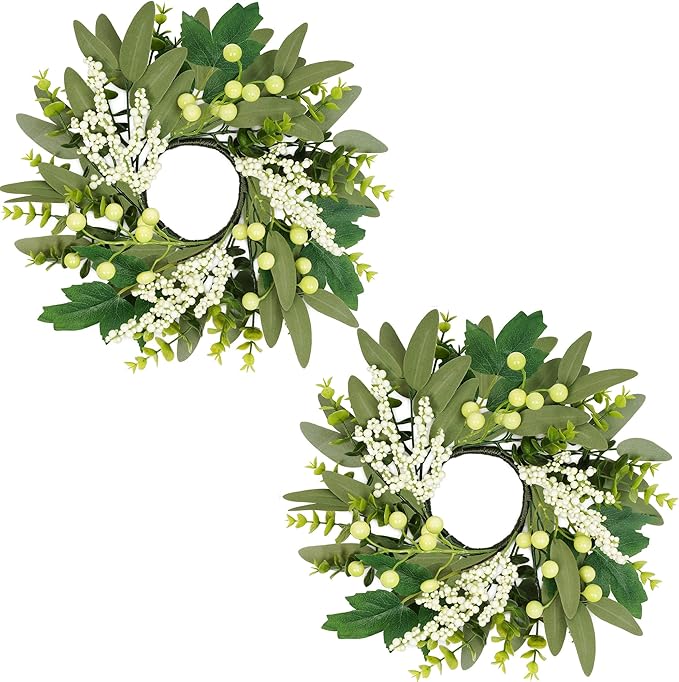 Vlorart 2 Pcs 12inch Eucalyptus Wreaths, Artificial Farmhouse Green Wreath with Boxwood Leaves and Mixed Berries, Mini Wreaths for Front Door, Wall, Window, Cabinet, Wedding, Indoor Outdoor All Season