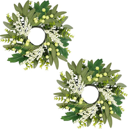 Vlorart 2 Pcs 12inch Eucalyptus Wreaths, Artificial Farmhouse Green Wreath with Boxwood Leaves and Mixed Berries, Mini Wreaths for Front Door, Wall, Window, Cabinet, Wedding, Indoor Outdoor All Season
