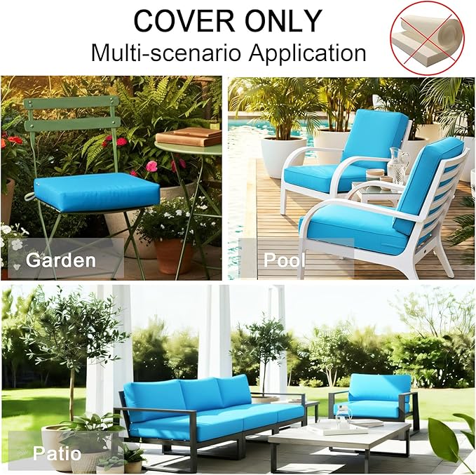 NettyPro Patio Cushion Covers Replacement Set 4 Water Repellent UV Resistant Outdoor Chair Seat Cushion Slipcover with Zipper and Tie, 24 x 24 x 4 Inch, Peacock Blue