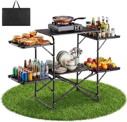 VEVOR Camping Kitchen Table, Slim-Fold Cook Station, Portable Folding Table, with 4 Side Tables, Heat Resistant Tabletop, and Carrying Bag, Ideal for Outdoor Picnics, BBQs, Camping, RV Traveling