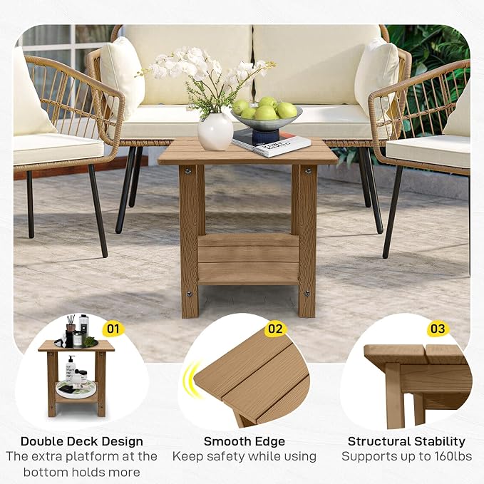 Outdoor Side Table, Weather Resistant Double Small Adirondack Side Table, Outdoor Indoor End Table for Adirondack Chair, 17" Patio Table for Pool, Deck and Porch, Brown