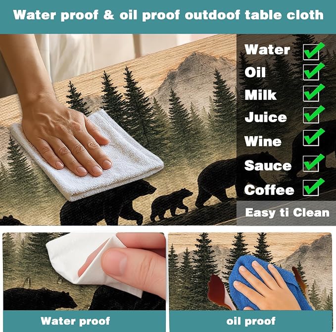 Picnic Table Cover with Bench Covers and Bag, Forest Mountain Bear Wooden Waterproof Windproof, Fitted Tablecloth Cover with Elastic Edge, for Indoor & Outdoor, Garden, Camping, 3 PCS 30x72 Inch