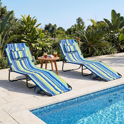GYMAX Tanning Chair, Folding Lounge Chairs with Face Hole & Cover, Removable Pillow Carry Handle, Portable Compact Outdoor Layout Recliner for Beach, Poolside, Lawn, Patio, Camping (Blue Stripe,1)
