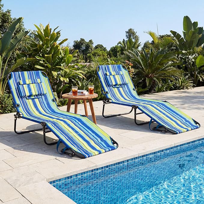 GYMAX Tanning Chair, Folding Lounge Chairs with Face Hole & Cover, Removable Pillow Carry Handle, Portable Compact Outdoor Layout Recliner for Beach, Poolside, Lawn, Patio, Camping (Blue Stripe,2)