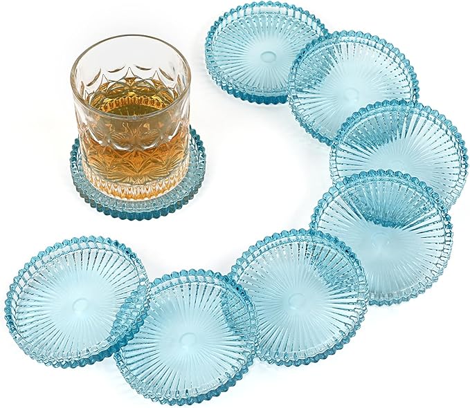 Modern Clear Coaster Set of 8- Glass Coasters for Drinks Crystal Coasters Round Cup Coaster Coffee Table Decor for Office, Kitchen, Bar, Dining Room, Living Room, Patio(Clear Blue)