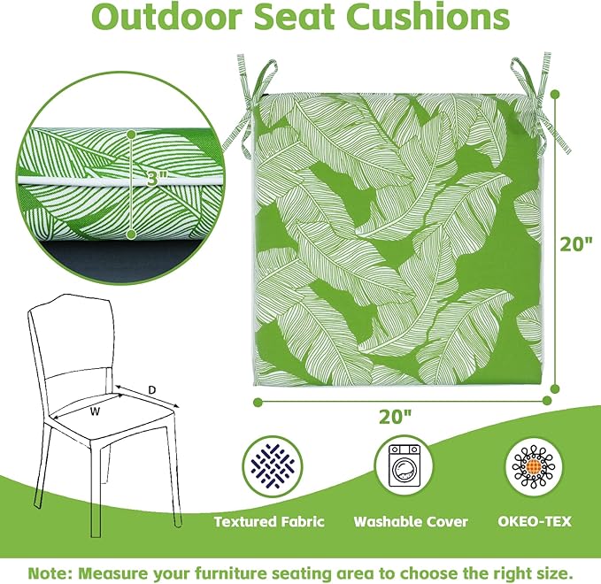 COZYVIDA Outdoor Dining Chair Cushion Set of 4, 20"x20" Square Seat Pads with Tie Straps and YKK Zippers, 30D High-Density Foam, Water-Resistant Fabric,UV-Resistant 1000+ Hrs