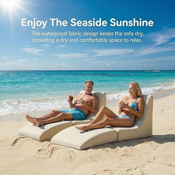 ZealWe Bean Bag Chair Outdoor Patio Lounge Chair with Back Support, Chaise Lounge Chair Waterproof Beach Bean Bag Couch for Adults, Memory Foam Filled for Poolside Balcony, Beige | water proof