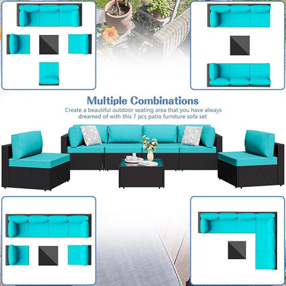 7 Piece Outdoor Patio Furniture Set,Black PE Rattan Wicker Sectional Sofa, All Weather Conversation Set with Washable Cushions & Glass Coffee Table for Backyard Poolside Garden Porch,Blue