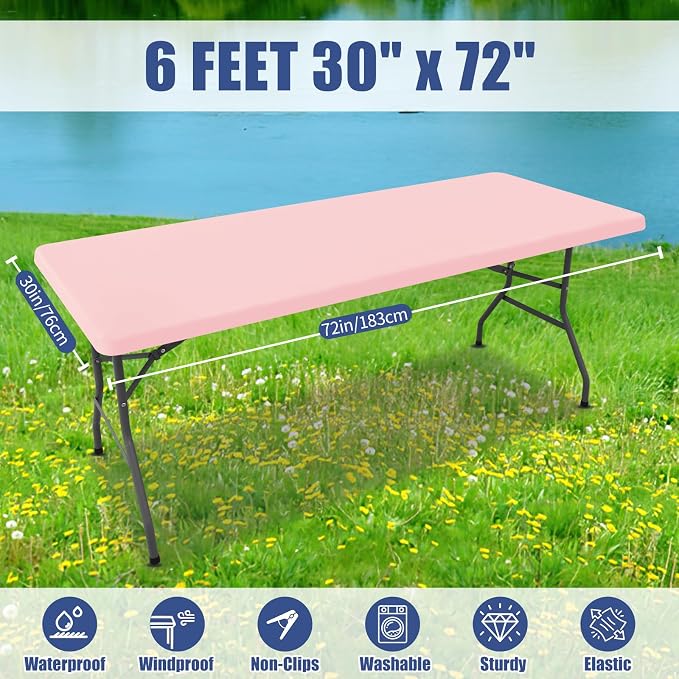 Moosfor Spandex 6 Foot Rectangle Table Cloth, Elastic Fitted Tablecloths for Picnic, Stretch Washable Patio Table Cover for Outdoor, Camping, Banquet and Parties (Pink, 30"x72")