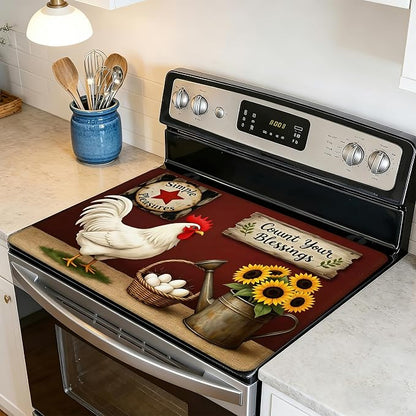 Farmhouse Rooster Glass Top Stove Cover Protector,Rustic Sunflower Heat Resistant Stove Top Cover, Large Size Range Covers for Electric Stove Countertop Mat, 28 x 20 Inch