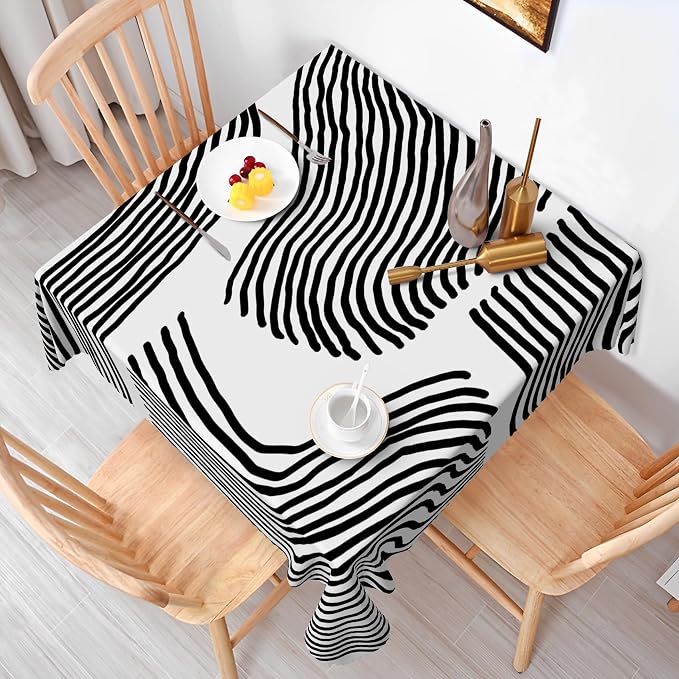 Black White Stripes Table Cloth for Square Chic Striped Square Tablecloths Polyester Vintage for Picnic Party Dinner Wrinkle Oil-Proof Resistant Table Cover for Dining Table 60x60 Inch