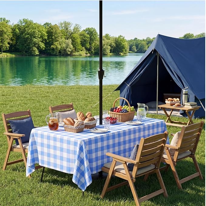 Poise3EHome Rectangle Outdoor Tablecloth with Umbrella Hole and Zipper,Blue and White Gingham 84x60 Inch,SpillProof Washable Table Cloth for Spring Summer Patio Garden Poolside Picnic Camping BBQS