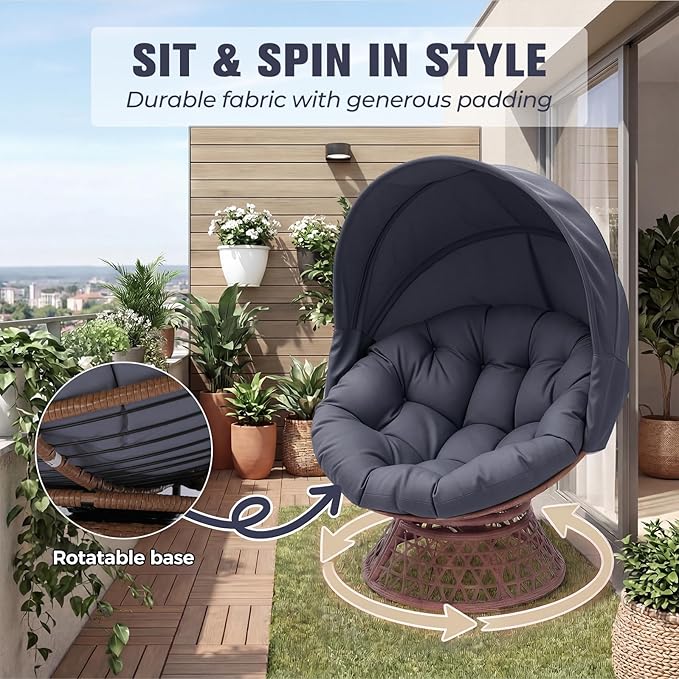 GTPLAYER Outdoor Wicker Egg Chair PE Rattan Chair with Cushion, Oversized Patio Lounge Chair with Canopy Papasan Chair 360° Swivel Base for Outdoor, Indoor, Balcony, Backyard, Garden, Gray