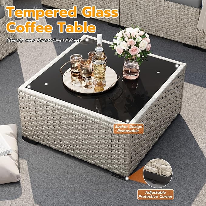 UDPATIO Outdoor Patio Furniture Set, 7 Pcs PE Wicker Sectional Sofa with Tea Table, Outdoor Conversation Set for Patio, Garden, Backyard (Grey Cushions with Light Grey Rattan)