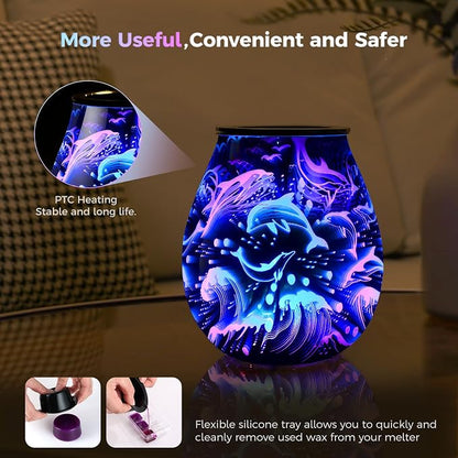 Inrorans Glass Electric Wax Melt Warmer Oil Burner with Stable Heating PTC Reusable Silicone Tray 7 Colorful Changing Led Light Night Light Scent Warmer for Home Fragrance Warmers-Dolphin Timer