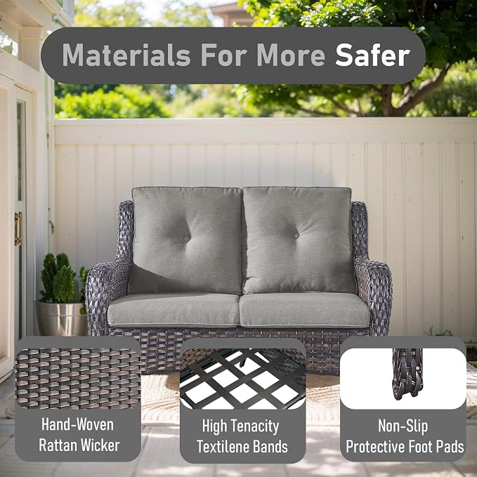 Outdoor Loveseat Sofa - 3 Piece Patio Furniture with Ottoman Deep Seating Patio Couch for Porch Deck Garden Backyard - Brown/Grey