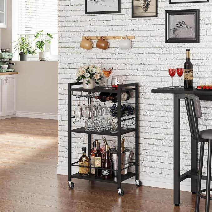 TUTOTAK Bar Cart with Wheels, Mini Drink Cart with Wine Rack & Glass Holder | 3-Tier 17 Inch Wide Home Bar Serving Carts, Small Mobile Kitchen Shelf with 6 Hooks, Black V1BC01BK035