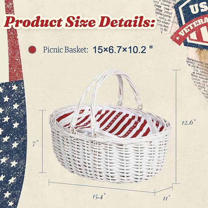 Wicker Picnic Basket 15"x11"x7" Insulated Liner Red White Stars | Insulated Zip Liner Helps Keep Drinks and Snacks Cool, Sturdy Woven Basket Suits Parks, Camping, Holidays and Gift Giving