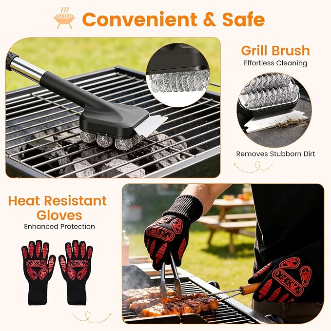 Pro BBQ Grill Tool Set 6-Piece - Stainless Steel Barbecue Accessories Kit with Heat Resistant Gloves, Meat Resting Blanket, Apron, 2 Grill Baskets & Cleaning Brush for Outdoor Camping Gifts