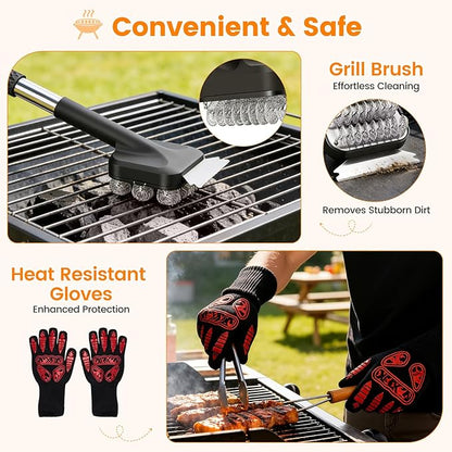 Pro BBQ Grill Tool Set 6-Piece - Stainless Steel Barbecue Accessories Kit with Heat Resistant Gloves, Meat Resting Blanket, Apron, 2 Grill Baskets & Cleaning Brush for Outdoor Camping Gifts