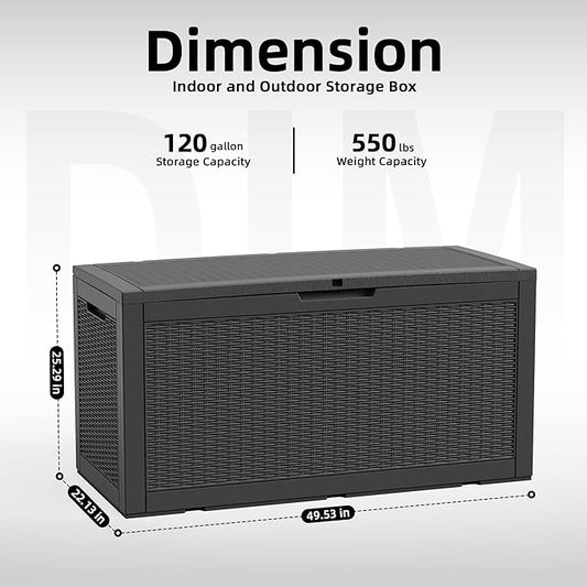 PatioZen 120 Gallon Deck Box Outdoor, Weatherproof Resin Patio Storage Box, Waterproof Outdoor Storage Boxes with Lid Lockable for Cushions, Garden Tools,Black