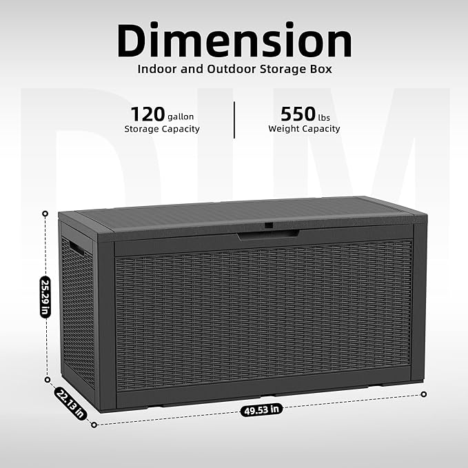 120 Gallon Outdoor Storage Box Waterproof, Resin Lockable Deck Box with Lid, Large Capacity Weatherproof Container for Patio Furniture Pool Accessories, Cushions(Black, 120 Gallon)