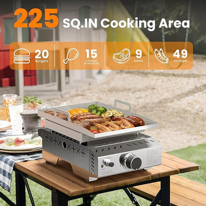 WAA Portable Propane Griddle, 8000BTU Tabletop Portable Propane Gas Grill with One Burner, Stainless Steel Flat Top Grill, Outdoor Cooking for Tailgating,Camping, RVs, BBQ, Patio, Silver