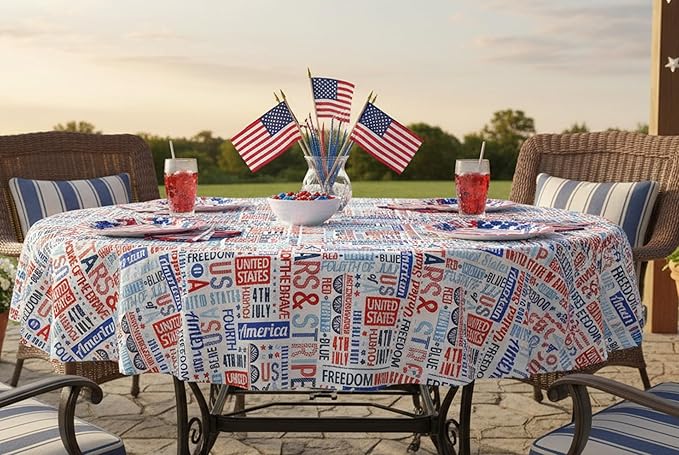 Newbridge Celebrate America Patriotic Blue Stars and Stripes 60 x 84 Inch Oval Vinyl Flannel Back Tablecloth, Waterproof Indoor Outdoor BBQ Party Table Cover