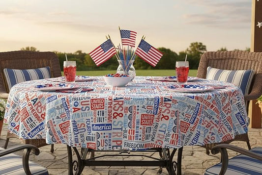 Newbridge Celebrate America Patriotic Blue Stars and Stripes 60 x 84 Inch Oval Vinyl Flannel Back Tablecloth, Waterproof Indoor Outdoor BBQ Party Table Cover