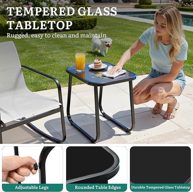 DWVO 3 Piece Rocking Patio Furniture Set Textilene Patio Set Outdoors Grey | Heavy-duty Small Patio Furniture Set w/Breathable Fabric, Smooth Rocking, Tempered Glass Table, Easy Assembly and Cleaning