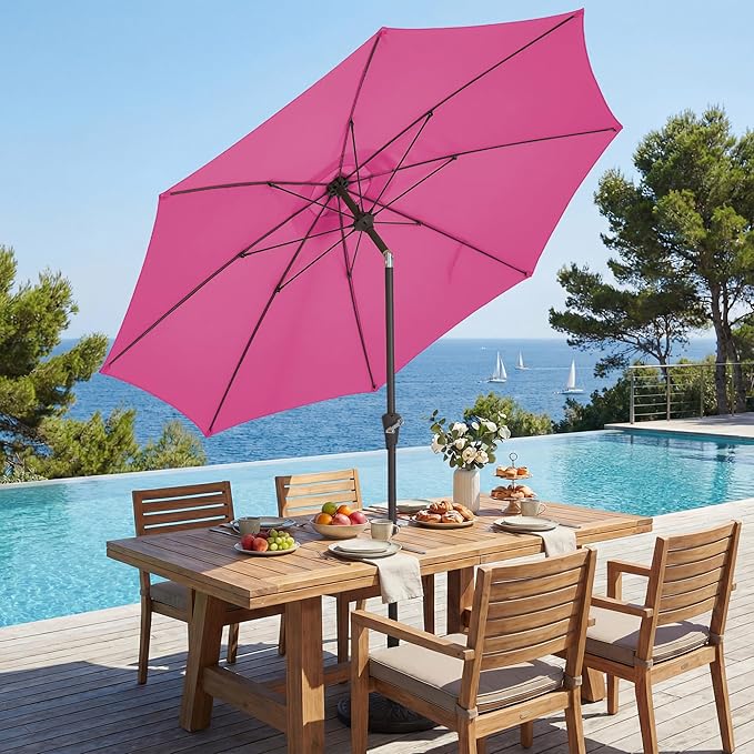 JEAREY 9FT Outdoor Patio Umbrella,Market Table Umbrella with 8 Fiberglass Ribs, Pool Umbrella with Tilt and Crank, UV Protection Lightweight & Wind-Resistant for Lawn, Garden, Deck and Backyard, Rose Pink