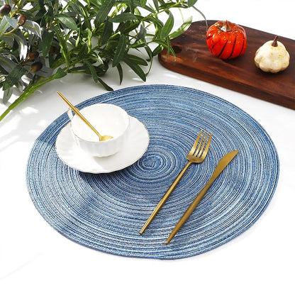 SHACOS Round Braided Placemats Set of 6 Circle Place Mats Kitchen Table Mats for Dining Table Wedding Party (Blue Gray, 6)