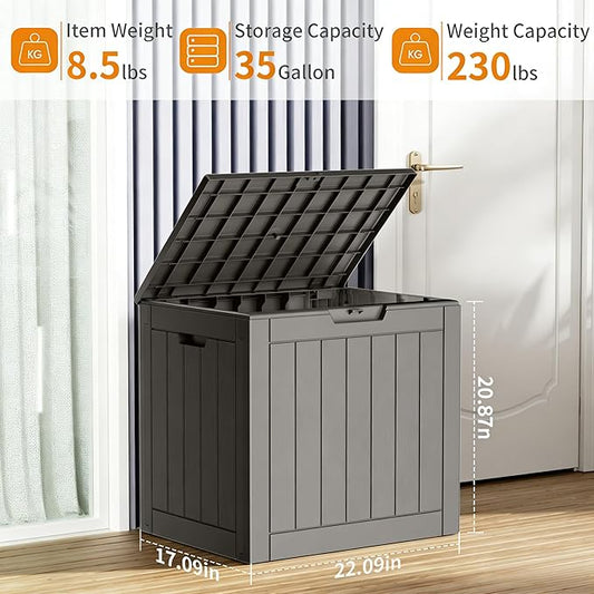 35 Gallon Outdoor Storage Box, Large Resin Deck Box for Patio Cushions, Garden Tools, Pool Accessories, Waterproof and Lockable Design, Storage Bench for Backyard & Deck(Gray)