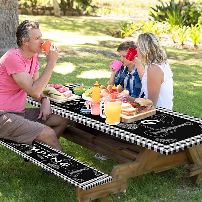 Picnic Table Cover with Bench Covers, Black Edges, 3PCS, 72 Inch | Waterproof Fitted Camper Outdoor Patio Camping Essentials Tablecloth with Drawstring Bag