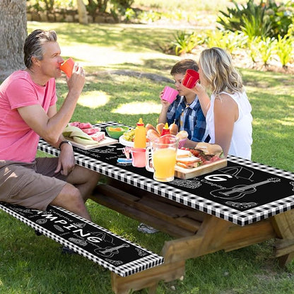 Picnic Table Cover with Bench Covers, Black Edges, 3PCS, 72 Inch | Waterproof Fitted Camper Outdoor Patio Camping Essentials Tablecloth with Drawstring Bag