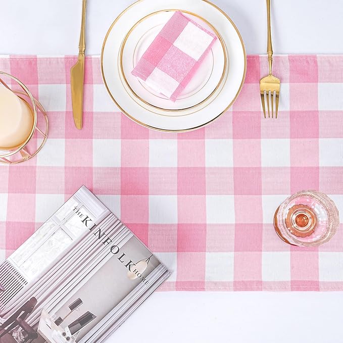 B-COOL Plaid Table Runner Pink Checkered Fabric Cover 13x108 Inch 4 Packs Table Cloths Centerpieces Valentines Party Picnic Decorative Gingham Rectangle Pink and White Easter Linen Decorations