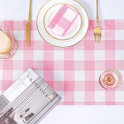 B-COOL Plaid Table Runner Pink Checkered Fabric Cover 13x108 Inch 4 Packs Table Cloths Centerpieces Valentines Party Picnic Decorative Gingham Rectangle Pink and White Easter Linen Decorations