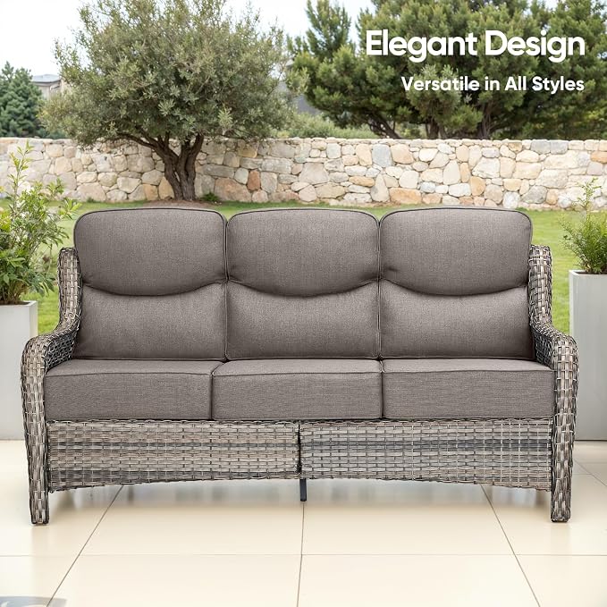 Luxury Patio Sofa 3-Seat Wicker Couch with 6" Thick Cushion - Outdoor Furniture Rattan Sofa with Deep Seating High Back for Patio Garden Balcony Sunroom Backyard, Grey | Grey